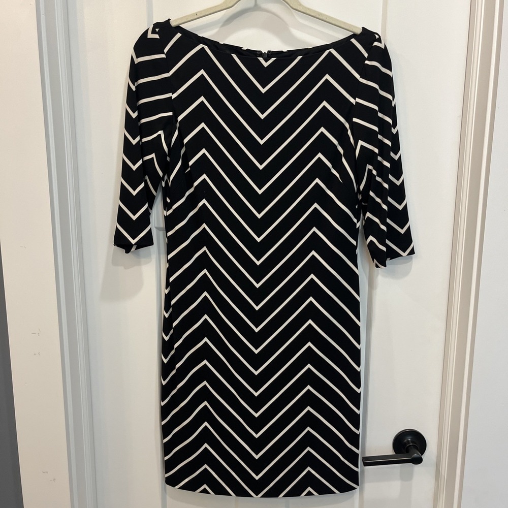 Ralph Lauren Black Label Mini Dress Boat Neck 3/4 Sleeve Chevron Jersey Sz 4 EUC